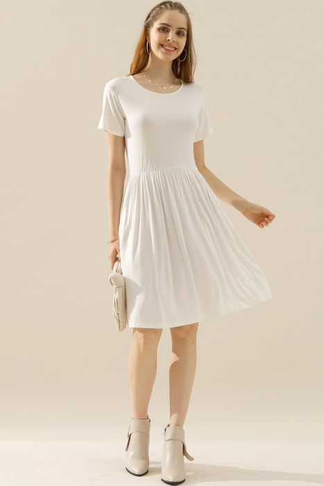 Ninexis Full Size Round Neck Ruched Dress with Pockets WHITE