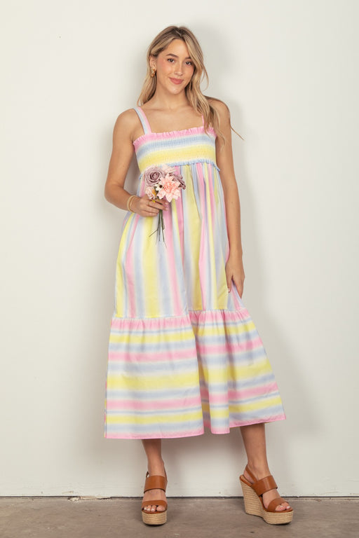 VERY J Striped Woven Smocked Midi Cami Dress PINKCOMBO