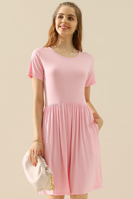Ninexis Full Size Round Neck Ruched Dress with Pockets LT PINK