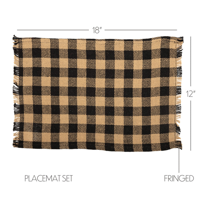 Burlap Black Check Placemat Fringed Set of 6 12x18