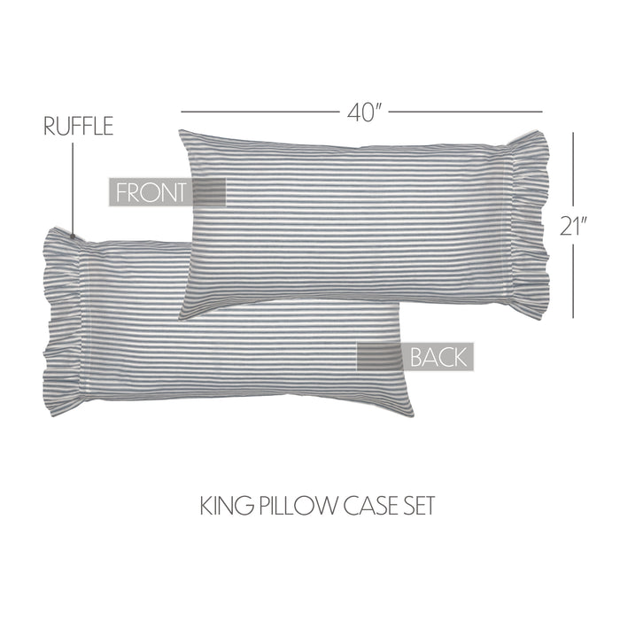 Sawyer Mill Blue Ticking Stripe Ruffled King Pillow Case Set of 2 21x40