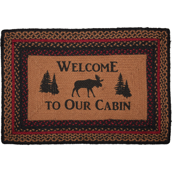 Cumberland Stenciled Moose Jute Rug Rect Welcome to the Cabin w/ Pad 20x30