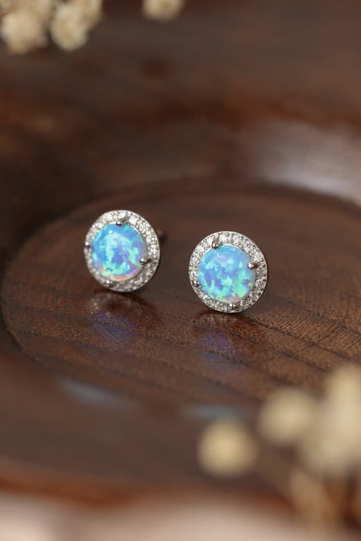 925 Sterling Silver Platinum-Plated Opal Round Stud Earrings Sky Blue One Size