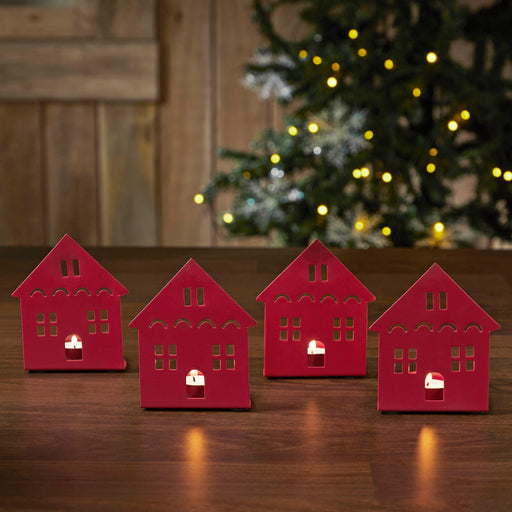 Tealight Holder House Barn Red Set of 4 4.5x3.75x2.25