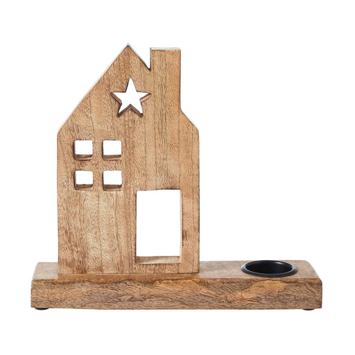 Tealight Holder Wooden Saltbox House w/ Star Natural 10.25x9x2.5