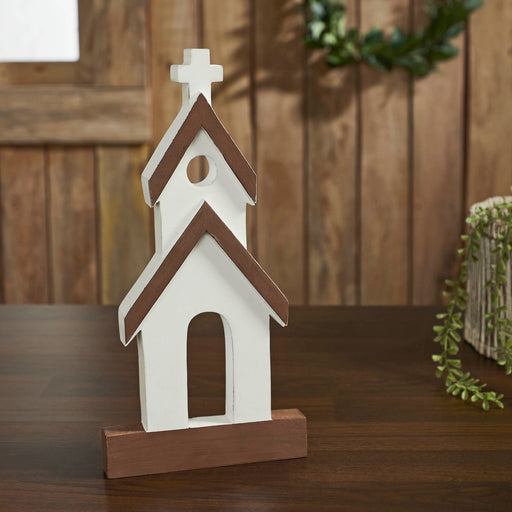 Brown Roof White Church Wooden Figurine 12x6x1