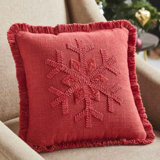 Red Snowflake Stone Washed Fringed Pillow 12x12