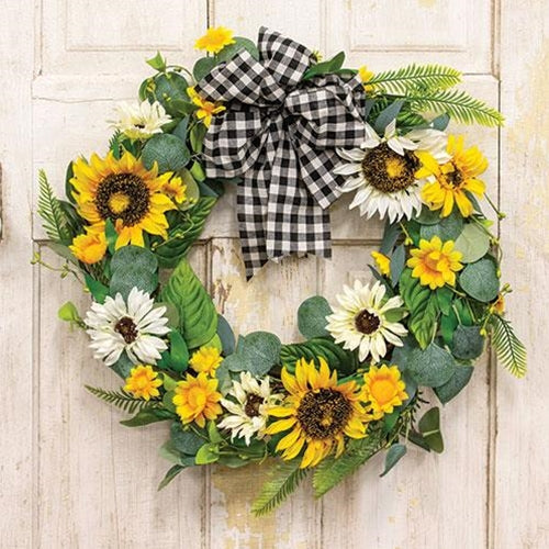 Daisy & Eucalyptus Wreath with Buffalo Check Bow