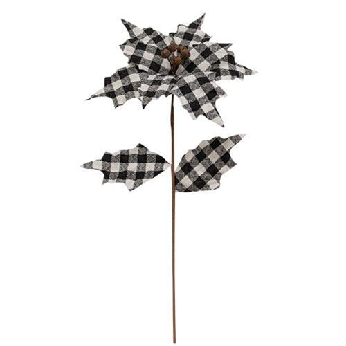 Black & White Plaid Country Poinsettia Spray 20"