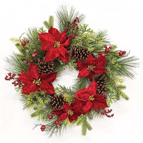 Winter Party Poinsettia & Pine Wreath 24"