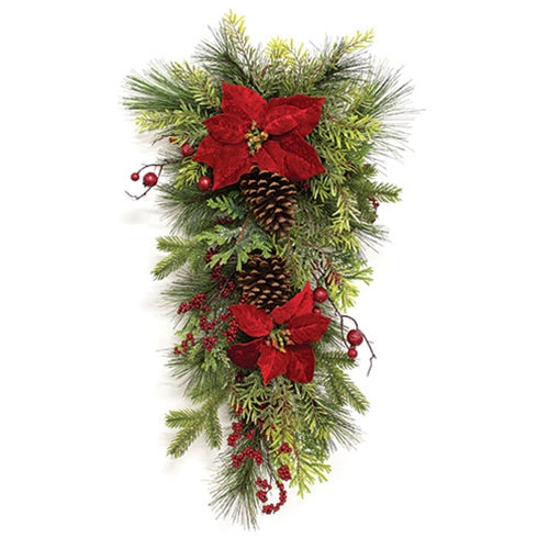 Winter Party Poinsettia & Pine Teardrop 29"