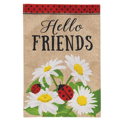 Hello Friends Daisies and Ladybugs Burlap Garden Flag