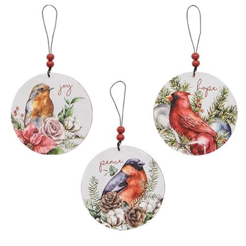 3/Set Round Wooden Winter Bird Ornaments