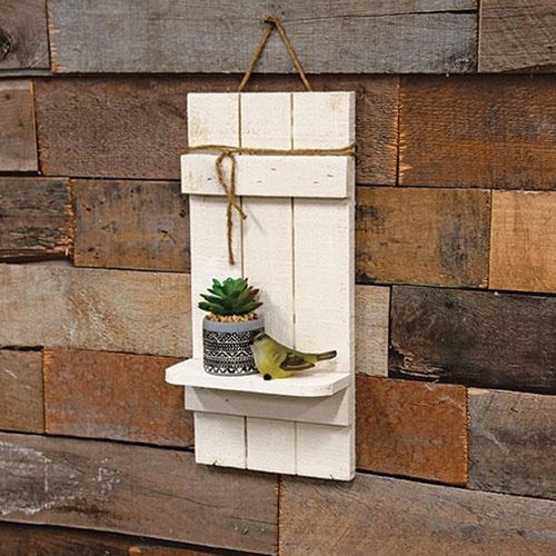 Rustic White Wood Slat Shelf w/Jute Hanger