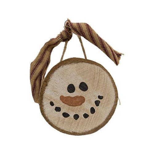 Rustic Wood Round Smiley Snowman Ornament