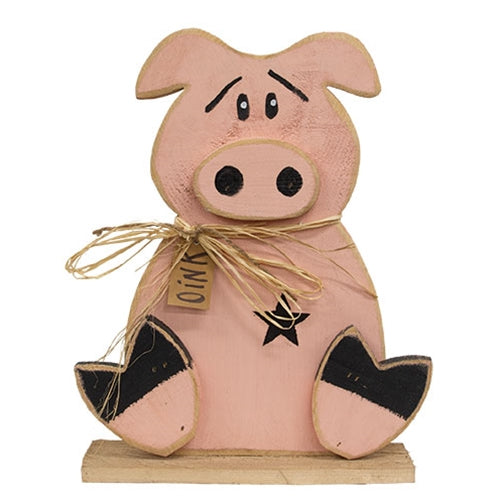 Rustic Wood Sitting "Oink" Pig on Base