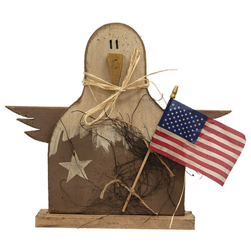 Rustic Wood Eagle w/Flag on Base