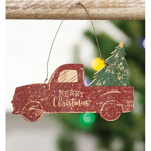 Glittered Wood Merry Christmas Truck Ornament