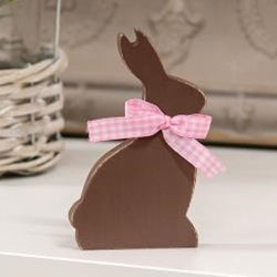 Wooden Chocolate Bunny Sitter w/Pink Check Ribbon