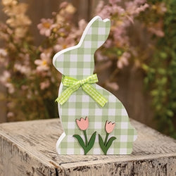 Green & White Buffalo Check Bunny w/Tulips Sitter