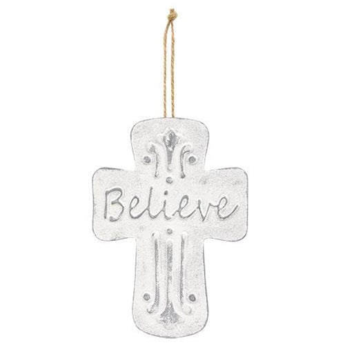 Believe Distressed Metal Cross Dotted Ornament