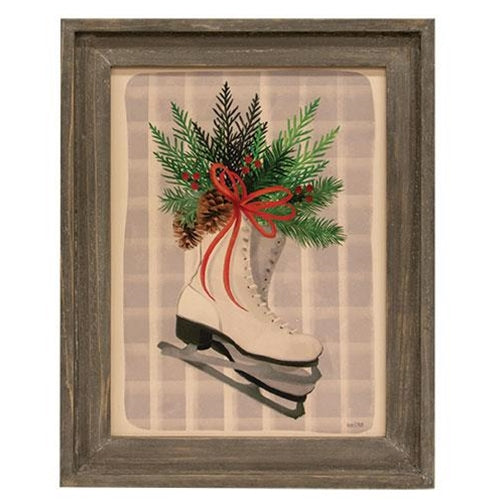 Ice Skates Gray Wood Framed Sign