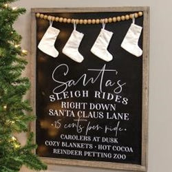 Santa's Sleigh Rides Stocking Beaded Wood Sign