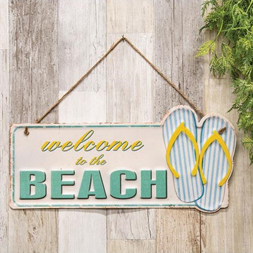 Welcome To The Beach Flipflops Hanging Metal Sign