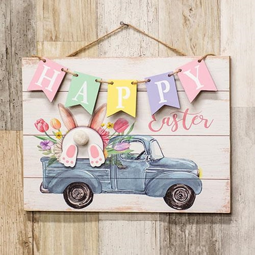 Happy Easter Banner Bunny Truck Hanging Wood Sign