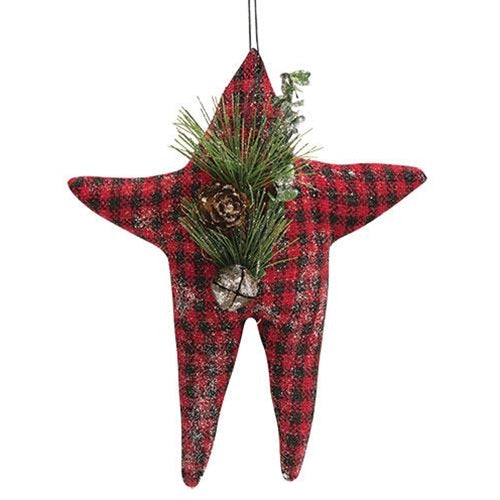 Red & Black Check Folk Star Ornament w/Pinecone