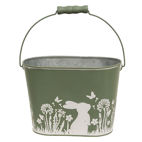 Bunny Embossed Green Oval Metal Bucket