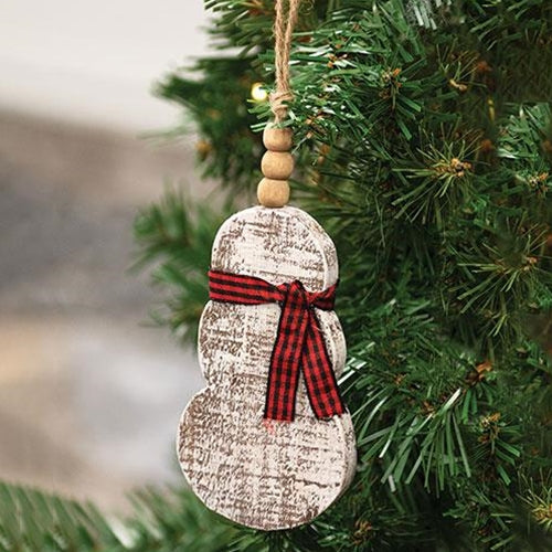 Rustic Wood Beaded Snowman w/Scarf Ornament