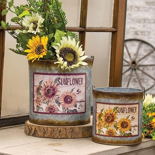 2/Set Distressed Galvanized Sunflower Buckets