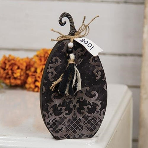 Halloween Boo Damask Pumpkin Sitter with Beaded Tassel