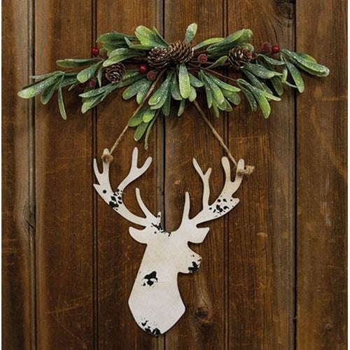 Distressed White Metal Hanging Deer Head 11"