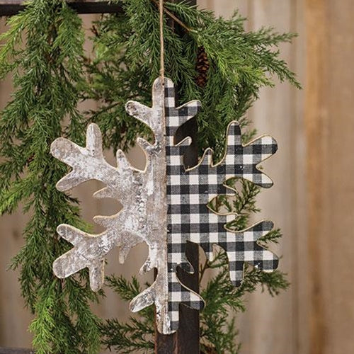 Black/White Plaid & Birch Snowflake 9.75"