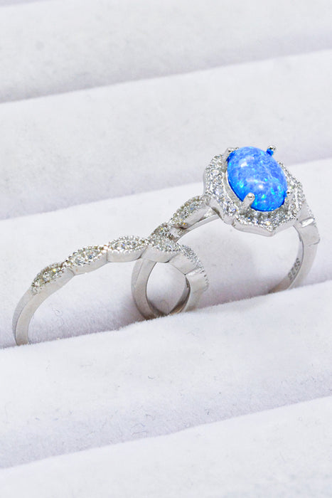 2-Piece 925 Sterling Silver Opal Ring Set Sky Blue
