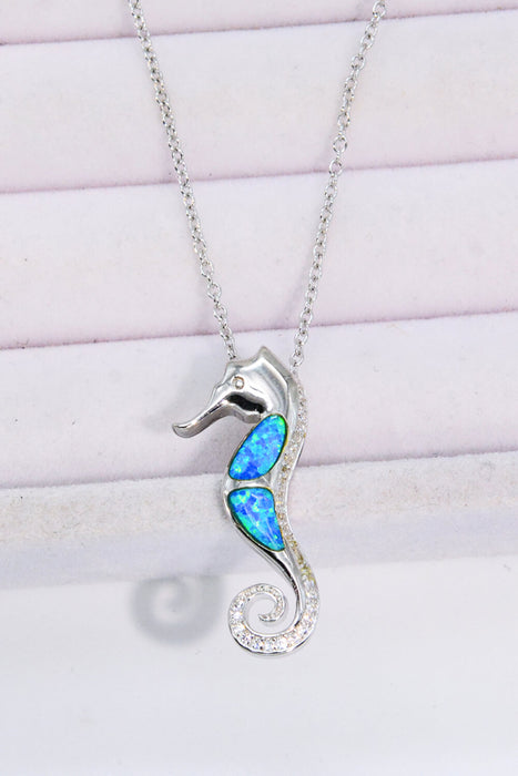 Opal Seahorse 925 Sterling Silver Necklace Blue One Size