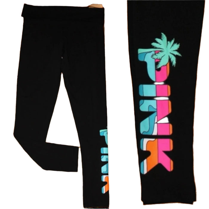 Victoria's Secret Pink Mid Rise Fold over Leggings Black PINK Palm Tree Logo ASSORTED SIZES