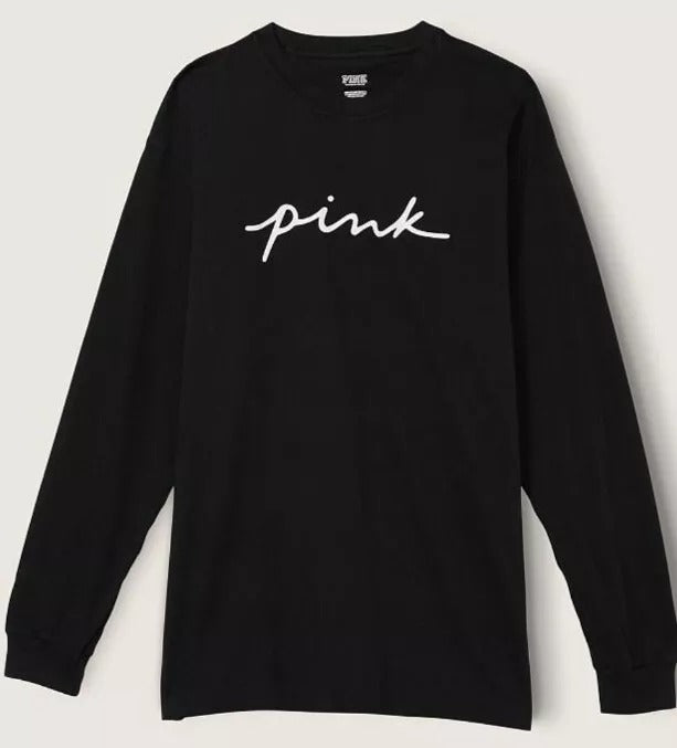 Victoria’s Secret Pink Long Sleeve Campus T-Shirt Pink Script Logo